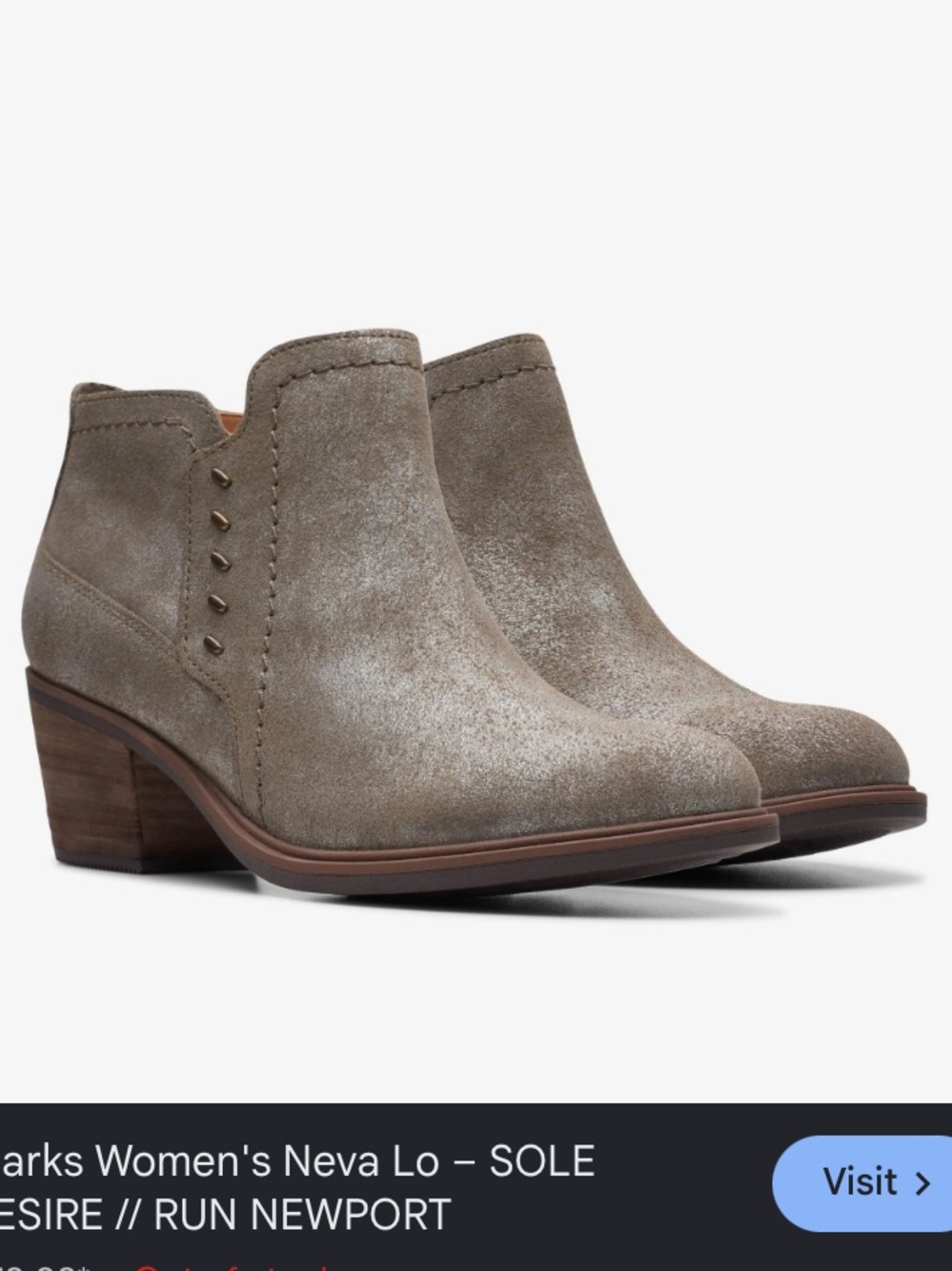 Clarks Neva Lo Metallic Suede Ankle Booties Side Zip Stacked Heel 9.5W Taupe